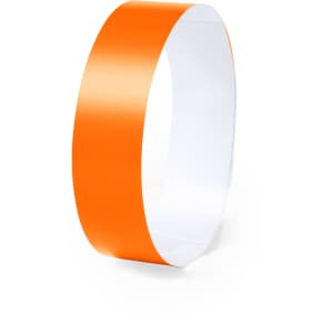 An orange wristband with a smooth finish, designed for events and exhibitions. It features a simple design and has a logo.