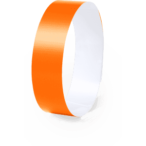 An orange wristband with a white inner surface, featuring a logo on the outer side.