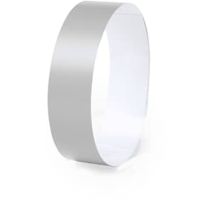 A silver wristband with a smooth, glossy finish, designed for events and exhibitions. It has a simple, unprinted design.