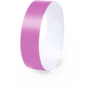 A pink wristband with a smooth surface and a white interior, designed for event use.