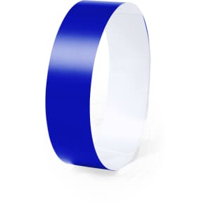 A blue wristband with a smooth surface, featuring a plain design and a logo on one side.