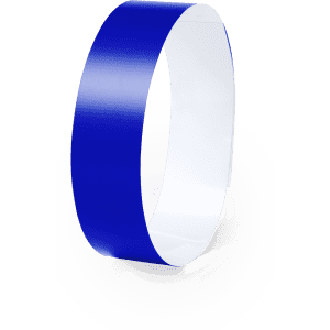 A blue bracelet with a smooth finish, designed for events, featuring a branding logo.