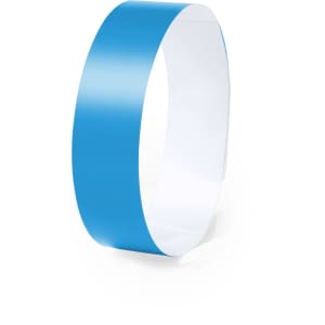A blue event wristband with a glossy finish and a white interior, featuring a logo.