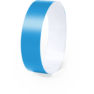 A blue wristband with a smooth finish and a white interior, designed for events and exhibitions.