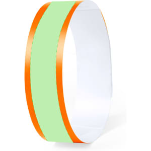 A mint green wristband with orange stripes and a logo, designed for events and exhibitions.