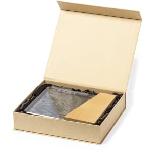 A rectangular glass plaque with a wooden base, presented in a natural cardboard gift box with black fabric lining.