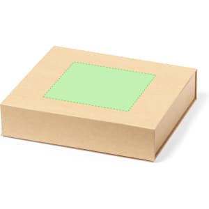 A rectangular kraft box with a green square on the top, designed for packaging or storage.