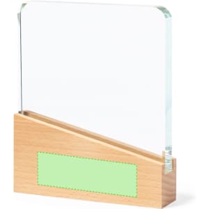 A clear glass plaque with a wooden base, featuring a blank green area for customisation.