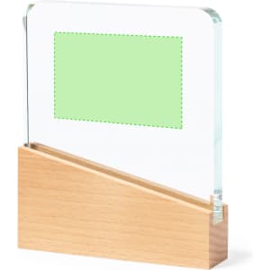 An acrylic plaque with a wooden base, featuring a clear design and a blank area for customisation.