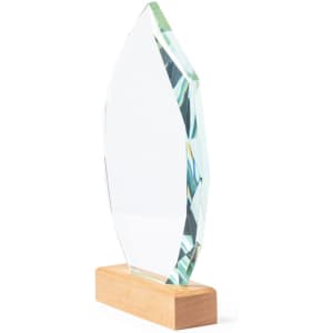 A clear, faceted glass plaque with a wooden base, showcasing elegant design and modern aesthetics.