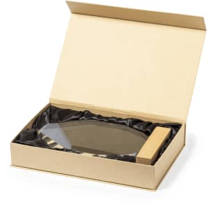 A rectangular glass plaque in a box with a wooden base, featuring a soft lining in black.