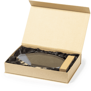 A Pulman Plaque displayed in a gift box, featuring an oval glass award with a wooden base.