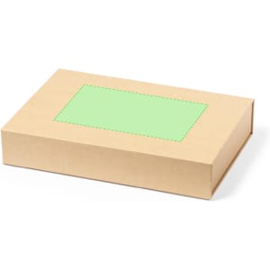 A kraft cardboard box with a green label space on top, suitable for packaging.
