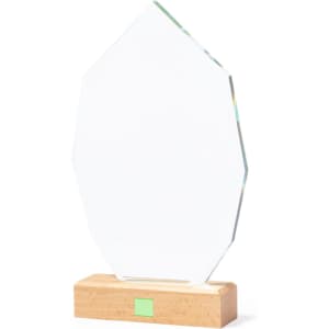 A clear, geometric trophy with a wooden base, featuring a subtle green accent. Ideal for awards and recognition.