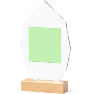 An angled, clear glass plaque with a wooden base, featuring a blank area for customisation.