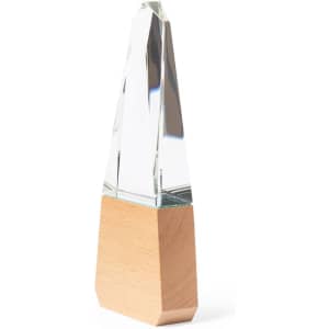 A crystal trophy with a wooden base, featuring a sharp, geometric design and a clear, reflective surface.