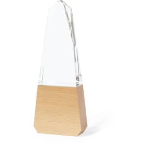 A crystal award with a clear top and a light wooden base, designed as a trophy.