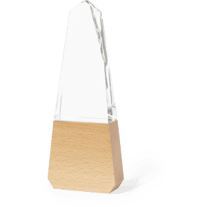 A clear glass trophy with a wooden base, featuring a geometric design and a polished finish.