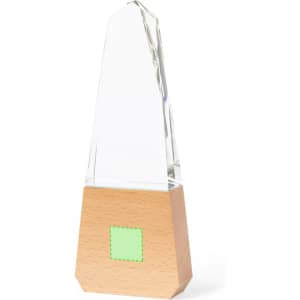 A glass and wooden trophy with a crystal-like top and a square base in a light wood finish.