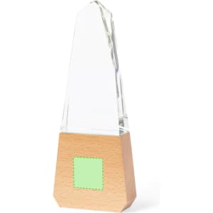 A trophy with a clear glass top and a wooden base featuring a green panel.