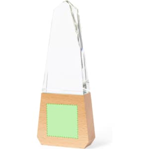 A clear glass trophy with a wooden base, featuring a placeholder area for custom branding.