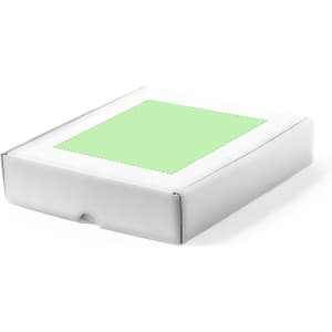 A white gift box with a green top, featuring a logo, suitable for packaging.