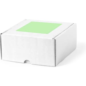 A white gift box with a green square on top, featuring a logo. Suitable for various items.