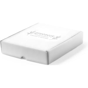 A white gift box with a subtle logo design, featuring a flip-top opening and a clean, minimalist aesthetic.