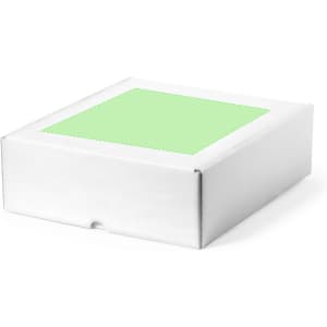 A white gift box with a light green lid, featuring a smooth finish and a secure flap closure.