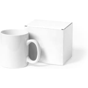 A white coffee mug next to a plain white gift box, featuring a minimalist design.