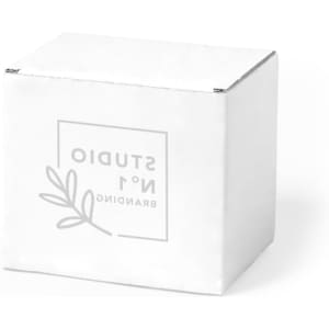A white gift box with a leaf design and a logo, suitable for packaging promotional products.