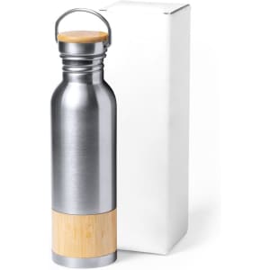 A stainless steel drink bottle with a bamboo base, accompanied by a white gift box.