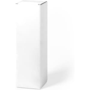 A tall, white gift box with a flat top and a glossy finish, featuring a logo on one side.