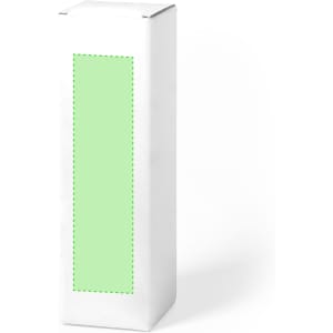 A tall, rectangular white gift box featuring a green accent panel and a logo on the front.