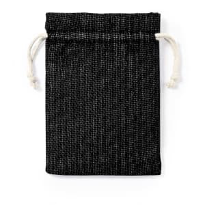 A drawstring bag in black fabric featuring a logo, with a textured surface and natural drawstrings.