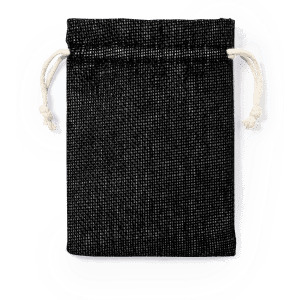 A black drawstring bag with a textured surface and white drawstrings. It features a branding logo.