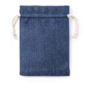 A navy blue drawstring bag made of textured fabric, featuring a natural string closure and a simple design.
