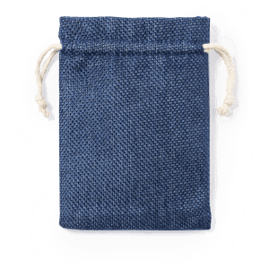 A blue drawstring bag with a textured surface and natural coloured drawstrings, featuring a branding logo.