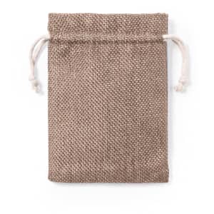A drawstring bag in a natural brown colour, featuring a textured fabric and cord closures.