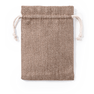 A brown drawstring bag made of woven material, featuring a simple design and white drawstrings.