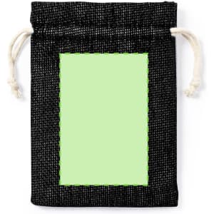 A black drawstring bag with a textured surface and a blank green area in the centre. It features two white cords.