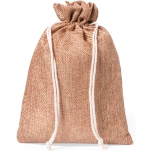 A drawstring bag in a natural brown colour made from textured fabric, featuring a white rope drawstring.
