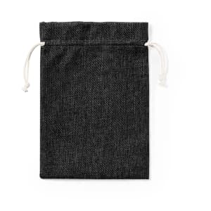 A black drawstring bag with a textured finish and two white drawcords at the top. It has a logo.