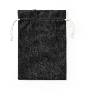 A drawstring bag in a dark grey fabric with a white cord closure and branding on the front.