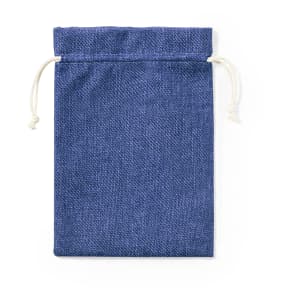 A blue drawstring bag with a textured fabric and a white cord closure, featuring a branding logo.