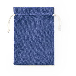 A blue drawstring bag made of textured fabric, featuring a white cord for closure. It has a branding logo.