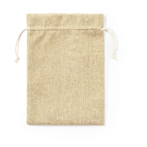 A natural jute drawstring bag in beige with a simple cord closure and a textured fabric surface.