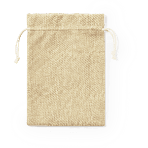 A natural-coloured drawstring bag with a textured fabric, featuring a simple closure at the top and a branding label.