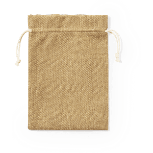 A drawstring bag in a natural burlap colour, featuring a simple design and a white cord closure.