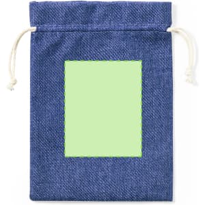 A blue drawstring bag with a light green rectangular patch. The bag has a logo and two white drawstrings.
